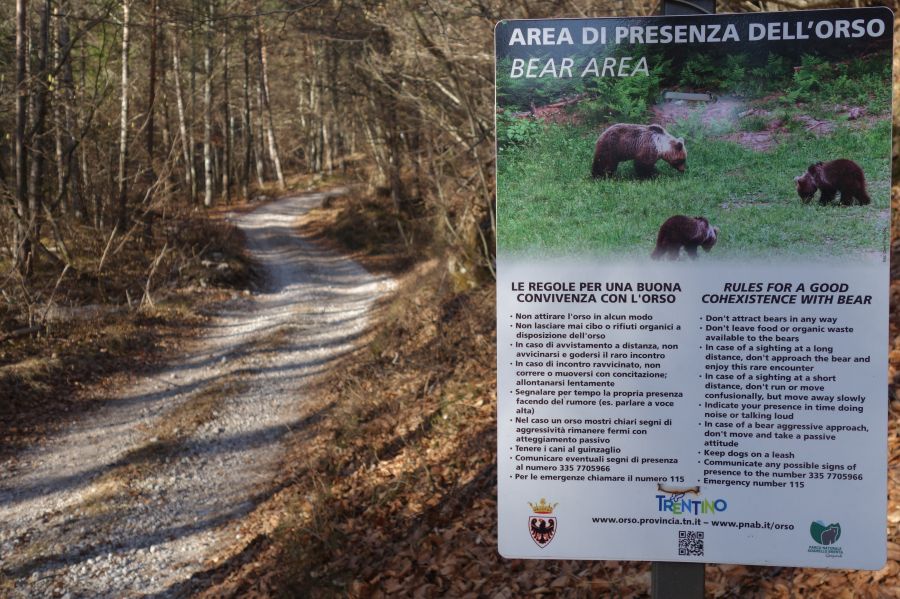 Diese Schilder stehen überall im Tretin an Orten, an denen mit der Anwesenheit von Bären gerechnet werden muss. (Foto: Archiv der PAT-Pressestelle)