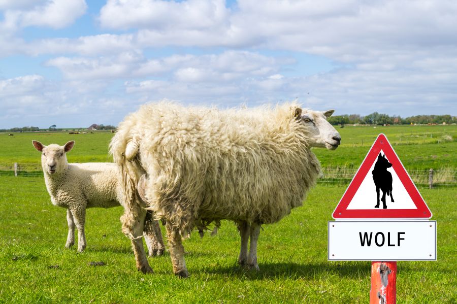 Zwei Schafe auf einer Weide. Rechts im Vordergrund ein Schild „Achtung Wolf“. (Symbolbild: iStock/Animaflora)
